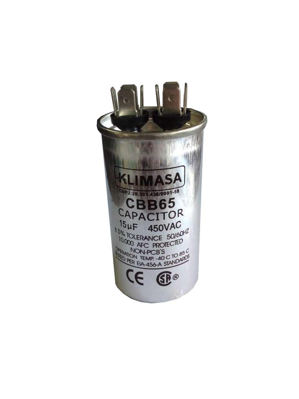Capacitor de Partida do Compressor 15uF + 5% SH 450VAC 50/60 HZ (2 Terminais)Capacitor do Motor Ventilador Klimasa 